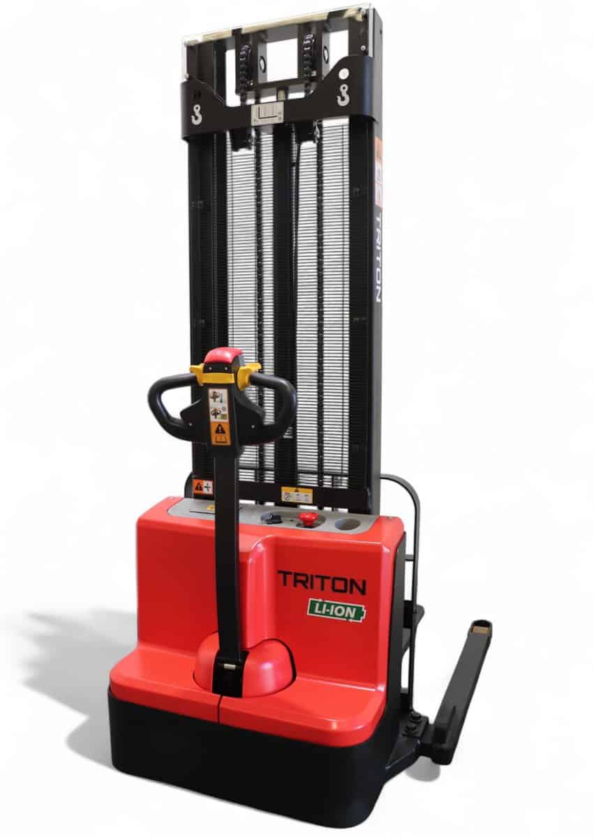 Triton straddle stacker rear side view red