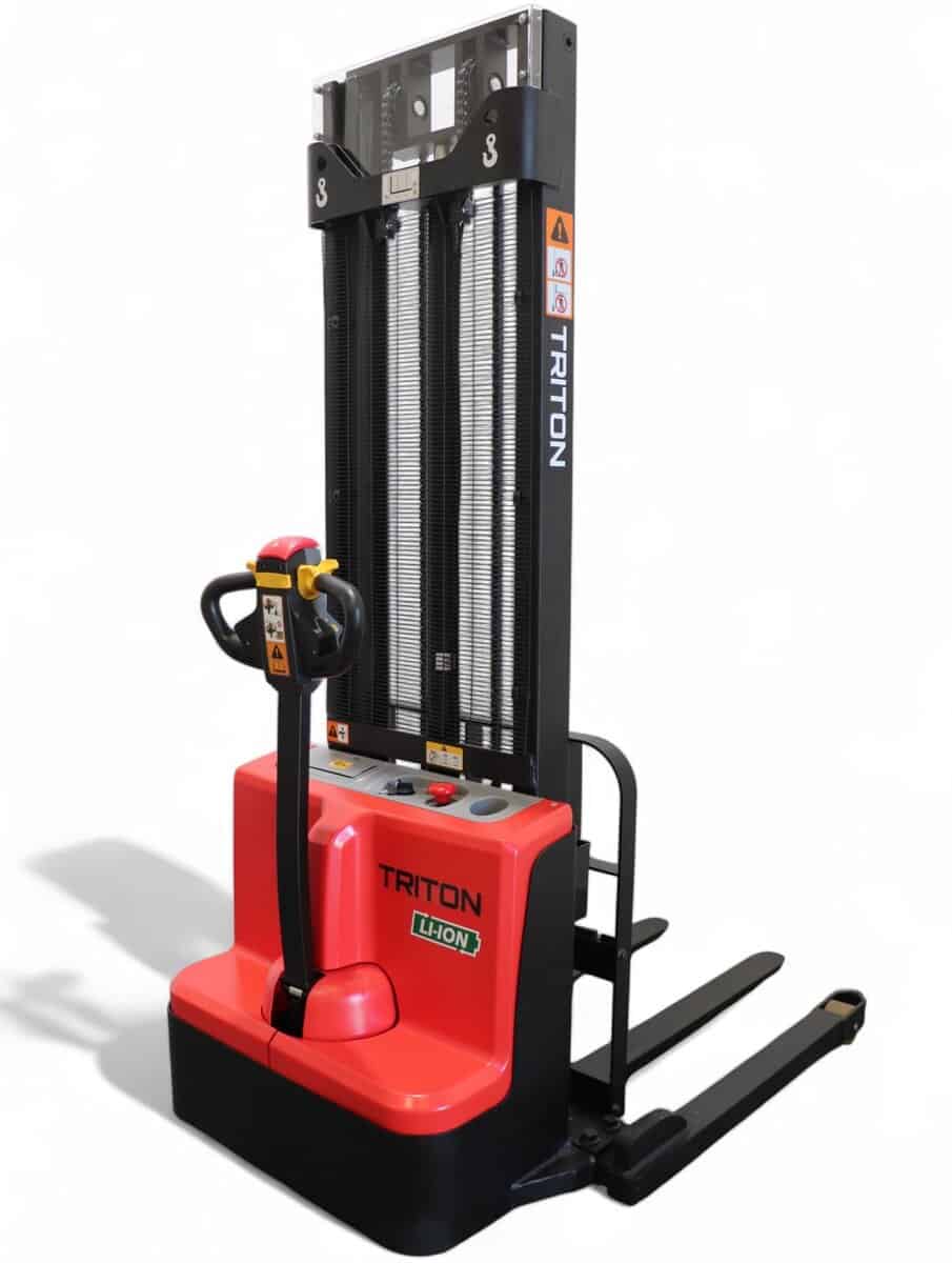 Triton straddle stacker rear side view red